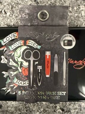 Ed Hardy Black Tin 5-Piece Manicure Set with Red Accents